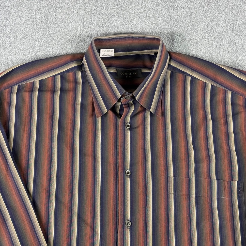Corneliani‎ Dress Shirt Mens L 42 Brown Stripes Cotton Made in Italy